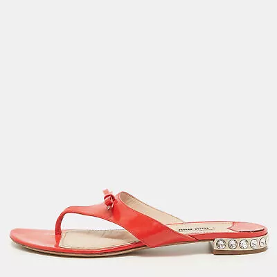 Miu Miu Red Patent Leather Bow Crystal Embellished Thong Flats Size 40 • $101.85