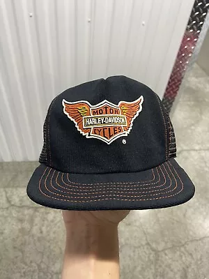 HARLEY DAVIDSON - Vtg 70s-80s Black Logo Wings Mesh SnapBack Trucker Hat. Rare • $9.99