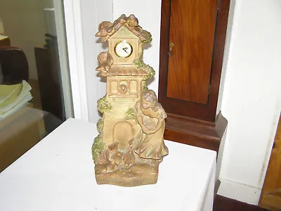 ANTIQUE GERMAN CHALKWARE STATUE  LA COLOMBIERE  W/ MERCEDES CLOCK 1930's RUNS • $29