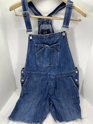 Gap Denim Overalls Shorts Cut Off Women Size Large 36X10 Blue Distressed Casual • $24.95