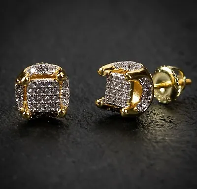 Mini Gold Plated Mens 925 Sterling Silver Round Screw Back Hip Hop Stud Earrings • $13.99