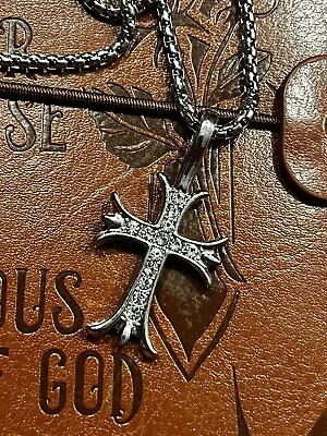 Men’s Cross Necklace 24”Stainless Steel Chain Simulate Diamonds Christian Gift • $5.99