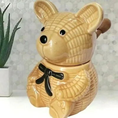 Honeycomb Bear Honey Pot Jam Jar Brown Bowtie Wood Dipper Beige Ceramic • $14