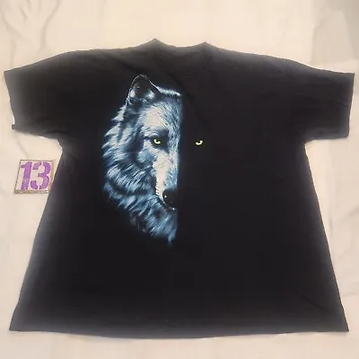 Vintage Wolf T-Shirt Half Face Glowing Eyes Fruit Of The Loom Heavy Cotton XL • $10.49