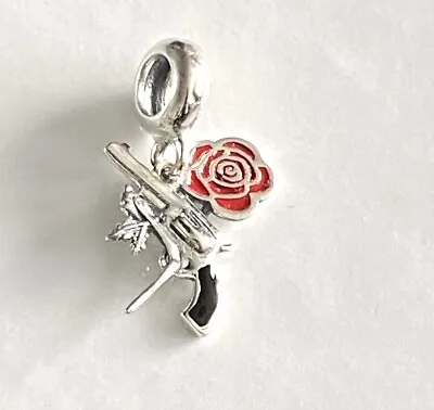 Sterling Silver 925 🌸 Gun & Red Rose Flower Dangle Charm & Gift Pouch • £14.99