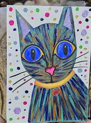 Acrylic ACEO Painting Multicoloured Quirky Cat New Original Work By Vicki 2024 • £3.50