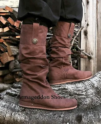 Brown Medieval Peasant Viking Northman Oden Mens Costume Shoes Knee Boots • $67.95