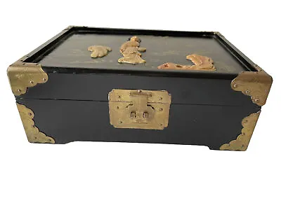 Oriental Jewelry Box Shoushan Stone Black Lacquer Geisha Brass Wood Mirror FLAWS • $78.39