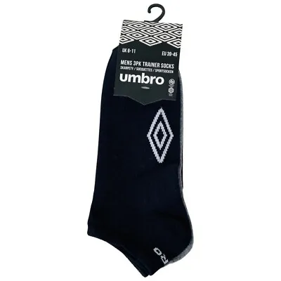 Umbro Mens Trainer Socks Cotton Blend 3 Pair Pack Nvy/Blk/Gry UK6-UK11 • £4.50