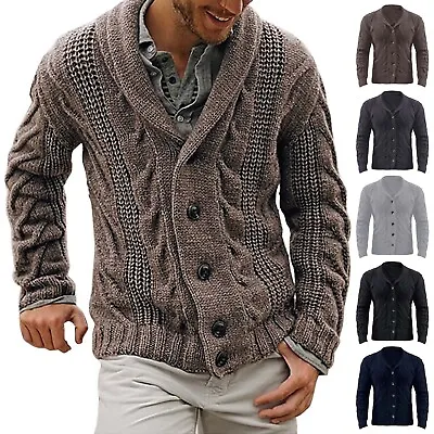 Mens Cable Knit Cardigan Sweater Shawl Collar Loose Fit Long Sleeve Casual Coat • $37.80