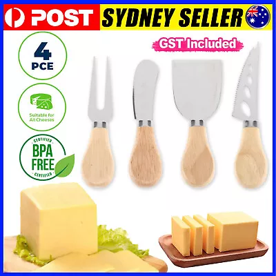 4pcs Cheese Knife Set Wooden Handle Slicer Fork Scoop Cutter Cheese Platter Tool • $10.89