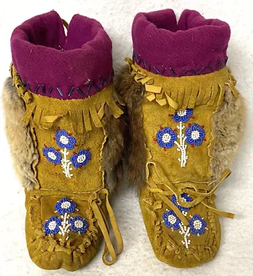 Vintage Native American Indian Beaded Moccasinsmukluksfurbeadsfrilledgift:) • $49.98