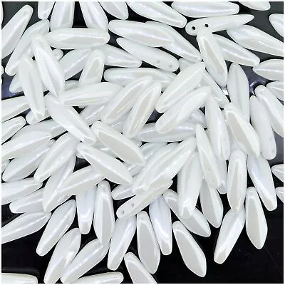 Czech Glass Dagger Drop Beads 5x16mm 2-Hole White Shimmer • $4.29