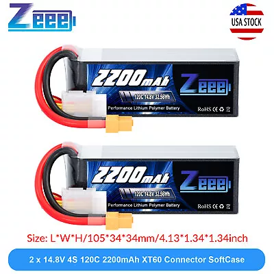 2x Zeee 4S LiPo Battery 2200mAh 120C 14.8V XT60 For RC Drone FPV Quad Helicopter • $53.36