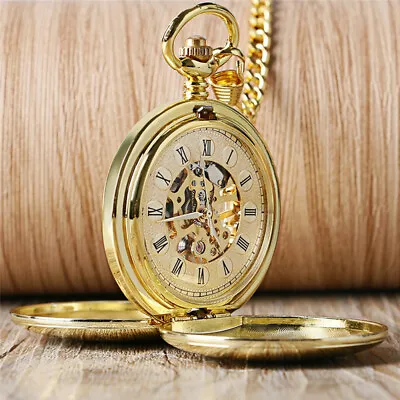 Men's Mechanical Pocket Watch Antique Style Bronze With Pendant Chain/Gift Box • £19.19