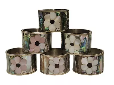 VINTAGE ABALONE Flowers MOTHER OF PEARL NAPKIN RING SET 6 Silver Mexico  • $118