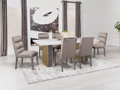 7 Pc White Carrara Marble & Gold Dining Table Chairs Dining Room Furniture Set • $1599