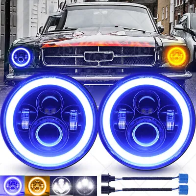 Blue Halo DRL 7  Inch Round LED Headlights Angel Eyes For Ford Mustang 1964-1973 • $48.99