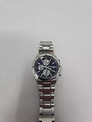 Seiko 100m Chronograph Mens Stainless Watch 7t62-0fy0 W/blue Dial/new Batt • $114