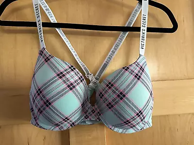 VICTORIA SECRET T Shirt Push Up Full Coverage Bra 38B Teal/Pink Plaid Logo Strap • $12.99