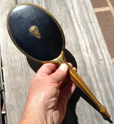 Antique Hand Held Beveled Oval Glass Vanity Mirror Black Brass Bronze Unmarked • $32.95