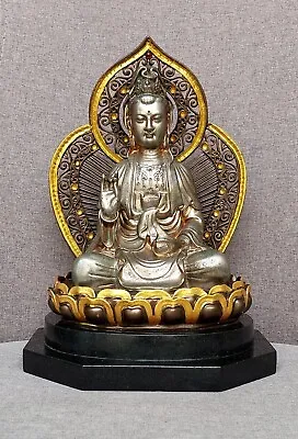 Rare!!Chinese Tin Metal Kwan-yin Buddha Statue Sitting On LotusMarble Stand • $1125