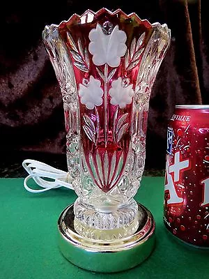 CRANBERRY CUT TO CLEAR OVERLAY Crystal Vase Night Light Lamp FLOWERS Brass Plate • $135