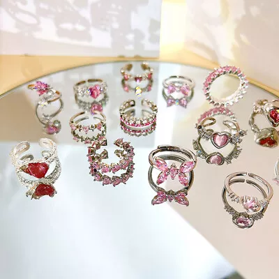 Y2K Pink Crystal Irregular Heart Ring Vintage Shiny Zircon Opal Love Open Ring • $1.03
