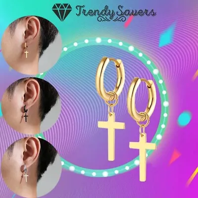 Huggie Hoop Earrings Cross Surgical Steel Gold Silver Black Dangle For Women Men • £3.99