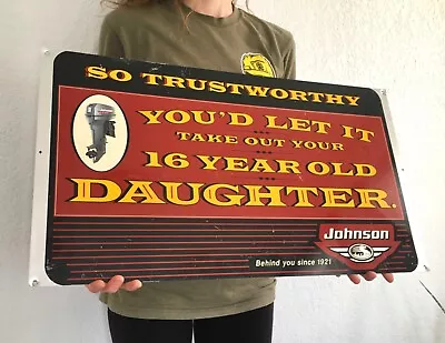 Vtg 1990s Johnson Outboard Motors Tin Sign Gas Oil Father Daughter Fishing Boat • $285