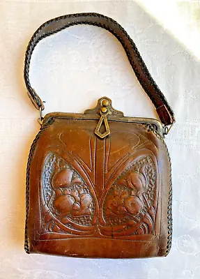 Vintage 1930's Bosca Built Hand Tooled Leather Floral Art Deco Handbag Clasp • $45