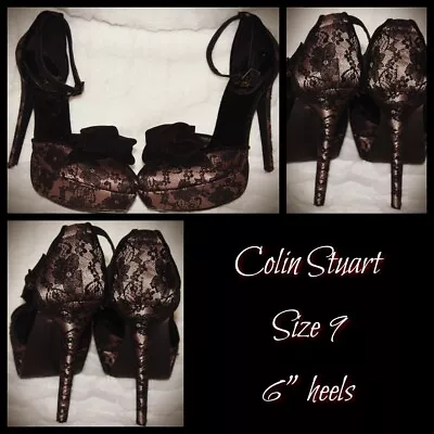 Colin Stewart Victoria's Secret Stiletto Shoes Size 9M Black Lace Velvet Bow • $13.88