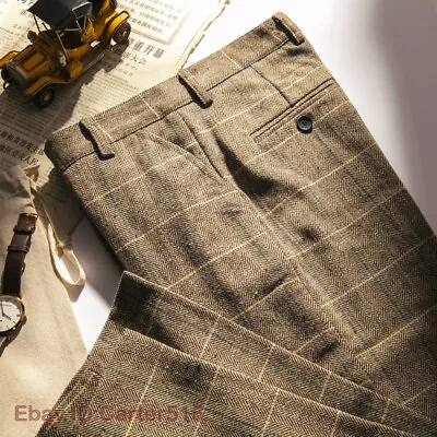 Men's Herringbone Tweed Pants Vintage Trousers Checked Wool Blend Straight Leg • $53.40