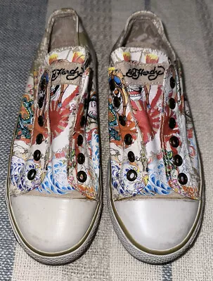 Don Ed Hardy Size 5 Japanese Dragon Skulls Laceless Shoes EUC Bin C7 • $34.22