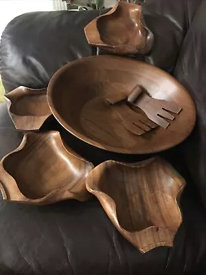 Burl Walnut #842 Salad Bowl Set: 4 Bowls + Fork Set MCM From Billings Missouri • $45