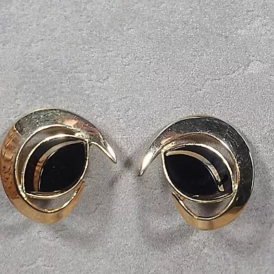 Vintage Sarah Coventry Black Saturn Gold Tone & Black Stone Clip On Earrings • $8