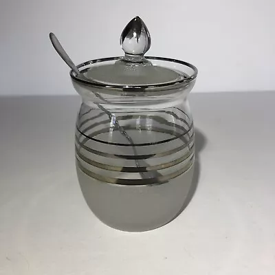 Vintage MidCentury Modern Glass Jam Jelly Jar Dish W Lid & Chrome Plated Spoon • $10.99