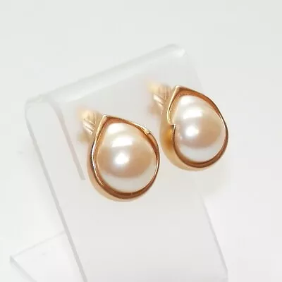 Vintage Marvella Faux Pearl Cabochon Gold Tone Teardrop Statement Clip Earrings • $51.67