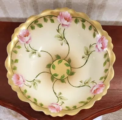 Antique M Z Austria Scalloped Edge Bowl With Pink Roses Gold • $23