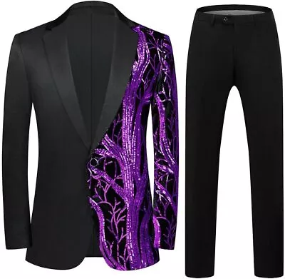 KUDMOL Mens 2 Piece Suit Slim Fit Sequin Shiny One Button Tuxedo Black Sequin Ja • $189.32