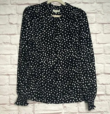 Large New Max Studio Black White Dots Crepe Shirt Top Blouse Ruched Cuff Buttons • $22.99