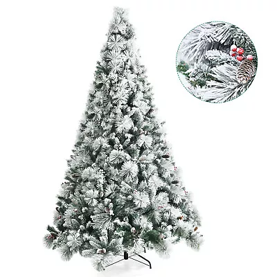 Costway 8ft Snow Flocked Christmas Tree Glitter Tips W/ Pine Cone & Red Berries • $159.99