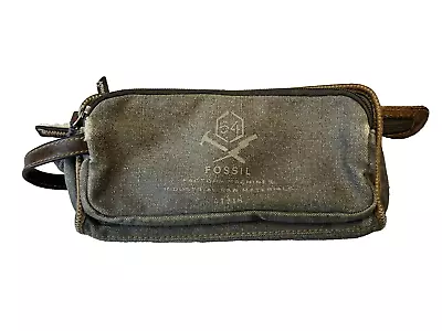 Vintage FOSSIL 54  Leather Trim Canvas Distressed Toiletry Bag Travel Case Dopp • $19