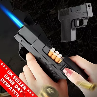 CIGARETTE STORAGE Jet Flame Lighter Gun/Pistol Cigar Case Gift Butane Pipe BBQ • £12.86