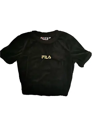 Fila Black Velvet Velour Embroidered Logo Crop Top T Shirt XXS • £9.99