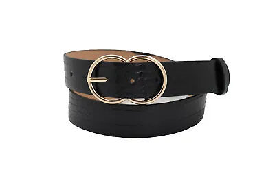 Women Special Outfit Belt Black Faux Leather Crocodile Stamp Gold Buckle Fit M L • £34.22