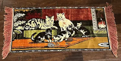 Vintage Velvet Cat Kitten Floral Tapestry Rug Wall Hanging 44 X 20  Fringe Read • $34.99