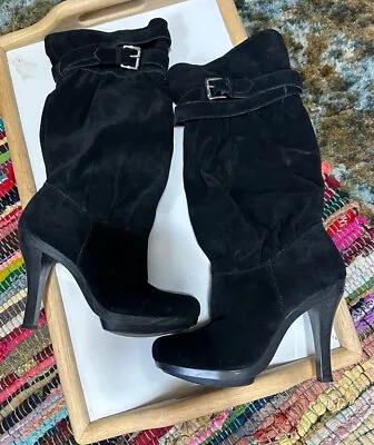 Michael Kors Black Suede Silver Buckle High Heel Boots Size 8 M • $44.98