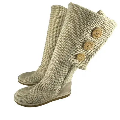 Women's UGG Sz 7 Cardy Boots 3-Button Sweater Upper Shearling Footbed Cream • $24.28