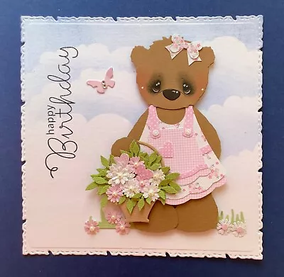 £2.20 • Buy Handmade Birthday Card Topper Ooak Teddy Basket Of Flowers Pretty Dress   A